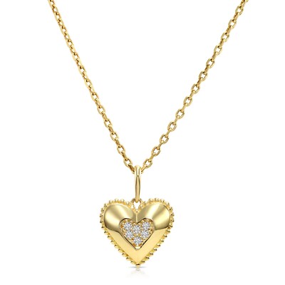 14K Echt Massiv Gold 0,15 Ctw Diamant Pavé Herz Anhänger Charm Halskette 18 Zoll