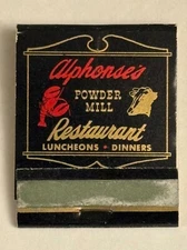 Alphonse’s Powder Mill Restaurant Full Matchbook Maynard Massachusetts Vintage