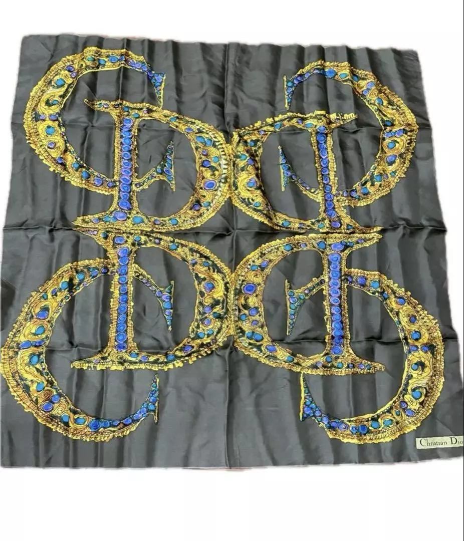 Authentique écharpe femme Christian Dior motif logo CD gris jaune bleu 100% soie