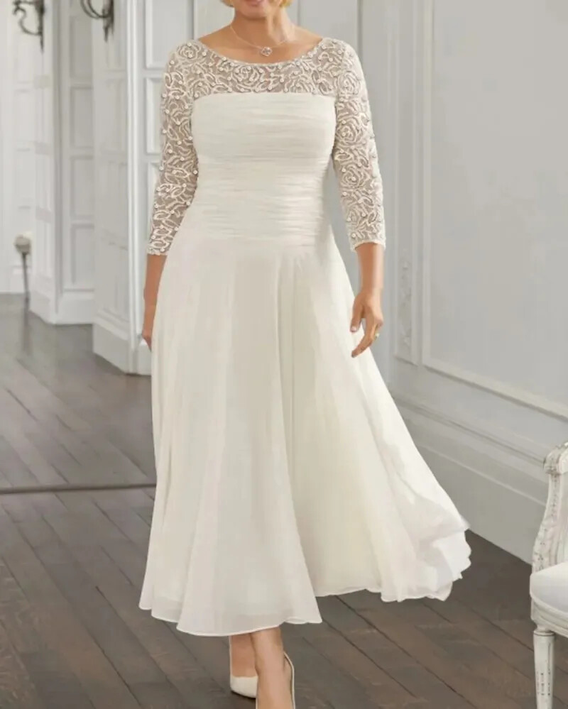 A-Line White Pearls Mother of the Bride Dress Elegant Ankle Length