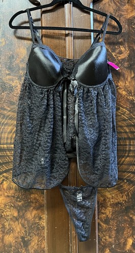 Nice Or Naughty 2 Pc Bra Top Lace Babydoll/Thong Black Lingerie Molded Stretchy