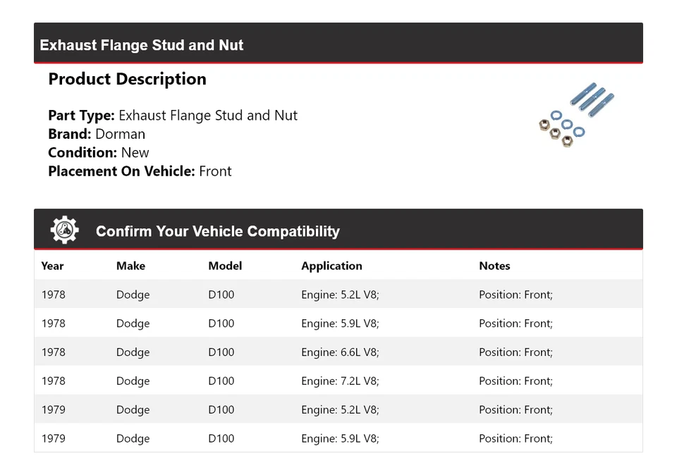 For 1978-1979 Dodge D100 Dorman Exhaust Flange Stud and Nut Front - Image 2 of 4