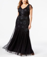 ADRIANNA PAPELL Hand Beaded Short Sleeve Floral Godet Gown Black Plus Size 18W