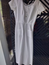 pre-owned Susan Elise white vintage inspired long short sleeves pocketssz8 dress
