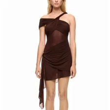 Ronny Kobo Brown Mesh Bodycon Mini Dress SMALL Cocktail Asymmetric Designer $438