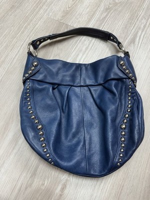 B Makowsky Blue Pebbled 100% Genuine Leather Studded Hobo Bag