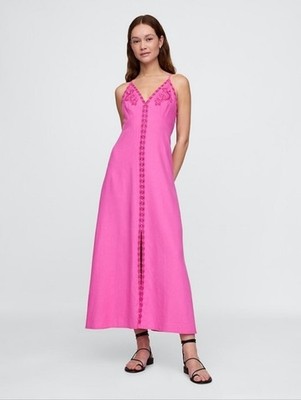 Gap Linen-Blend Embroidered Halter Maxi Dress Phoebe Pink MP sundress