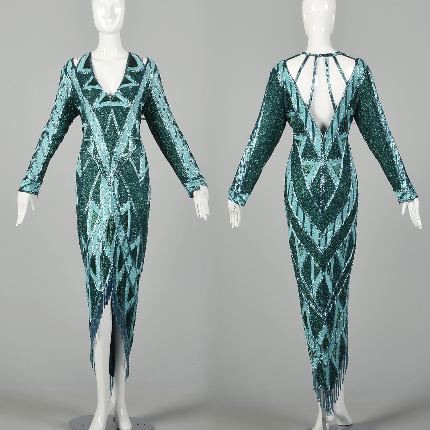 1980s Large Bob Mackie Beaded Gown Caged Back Hi Low Beaded Fringe Hem VTG 80s