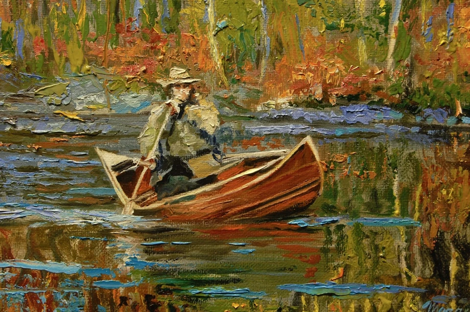 Hand Painted Oil Painting Landscape Man On Canoe Fall 8x10" stretched canvas COA - Image 4 of 4