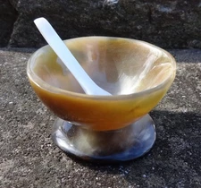 Natural Carved Bovine Horn Open Salt Dip, Cellar, Dish w/Shell Spoon!