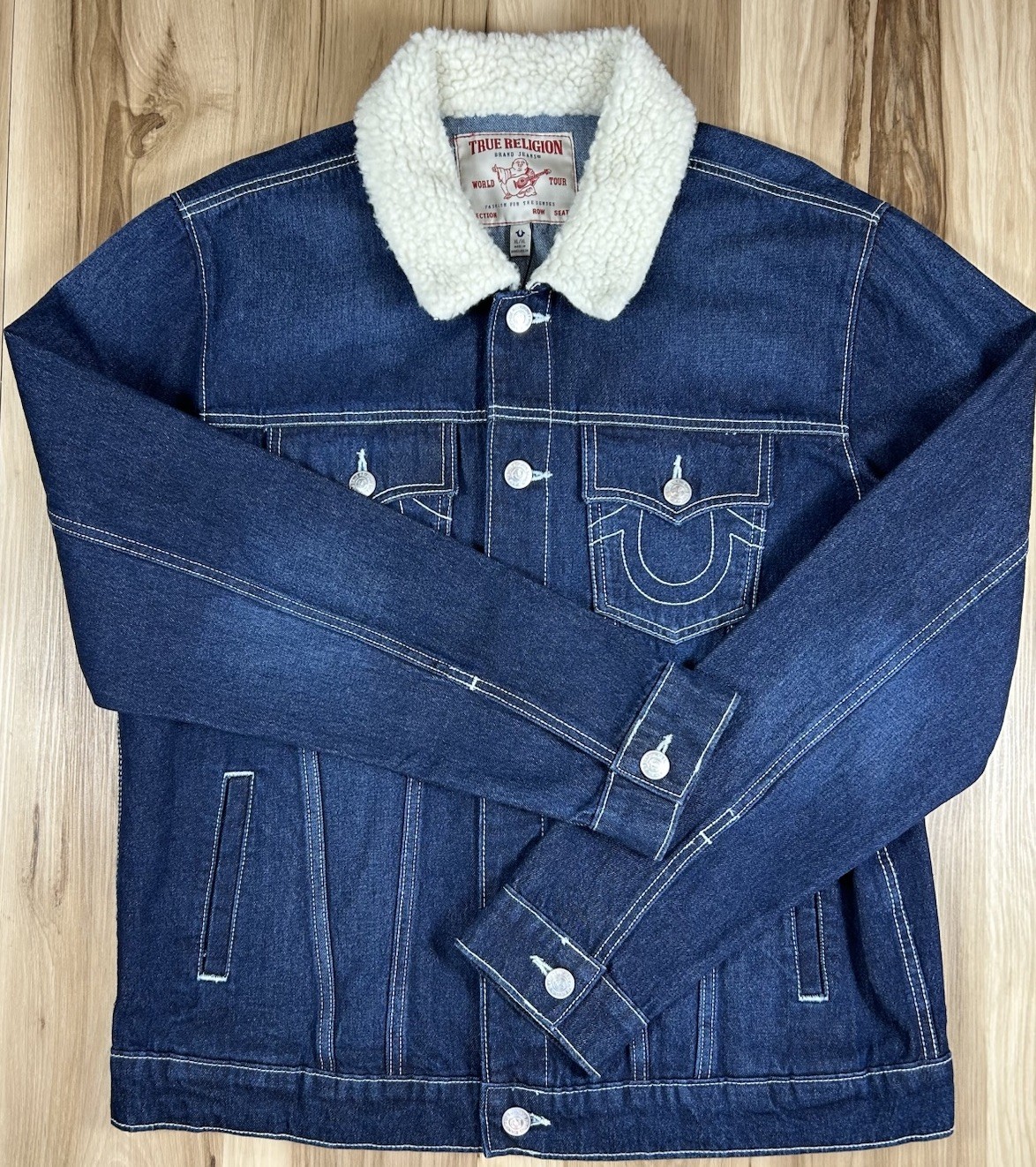 True Religion Denim Trucker Jacket Men's XL Sherpa Collar Dark Wash Jean Coat