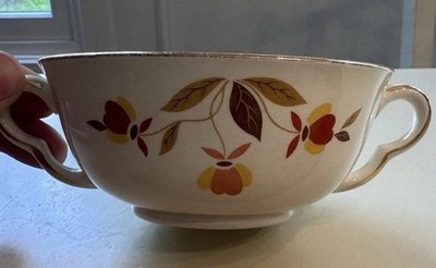 Vintage Hall Autumn Leaf Jewel Tea Cream Soup Bowl Two Handle Bouillon Cup MCM