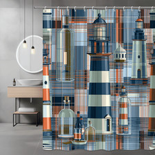 Lighthouse Shower Curtain Nautical Graphic Print Blue Orange