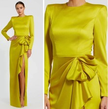 Mac Duggal Chartreuse Satin Bow Long Sleeve Column Gown Dress Size 12 $398
