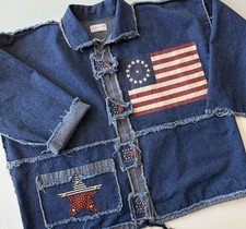 Vintage Women&rsquo;s XL Handmade Denim Jacket Patriotic American Flag Patchwork Blue