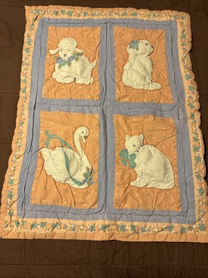 Vintage Baby Blanket Throw Sheep Rabbit Goose Cat 32  x 25 