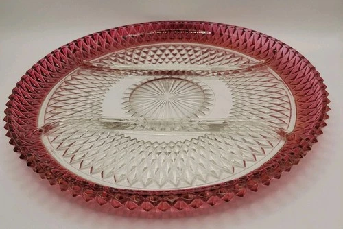 Ruby Red Depression Glassware Three Way Crystal Platter in Diamond Point 12.5 in