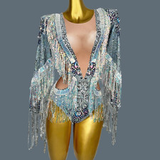 New Women Luxury Diamond Rhinestones Tassel Sequin Bodysuit Dance Singer Stage