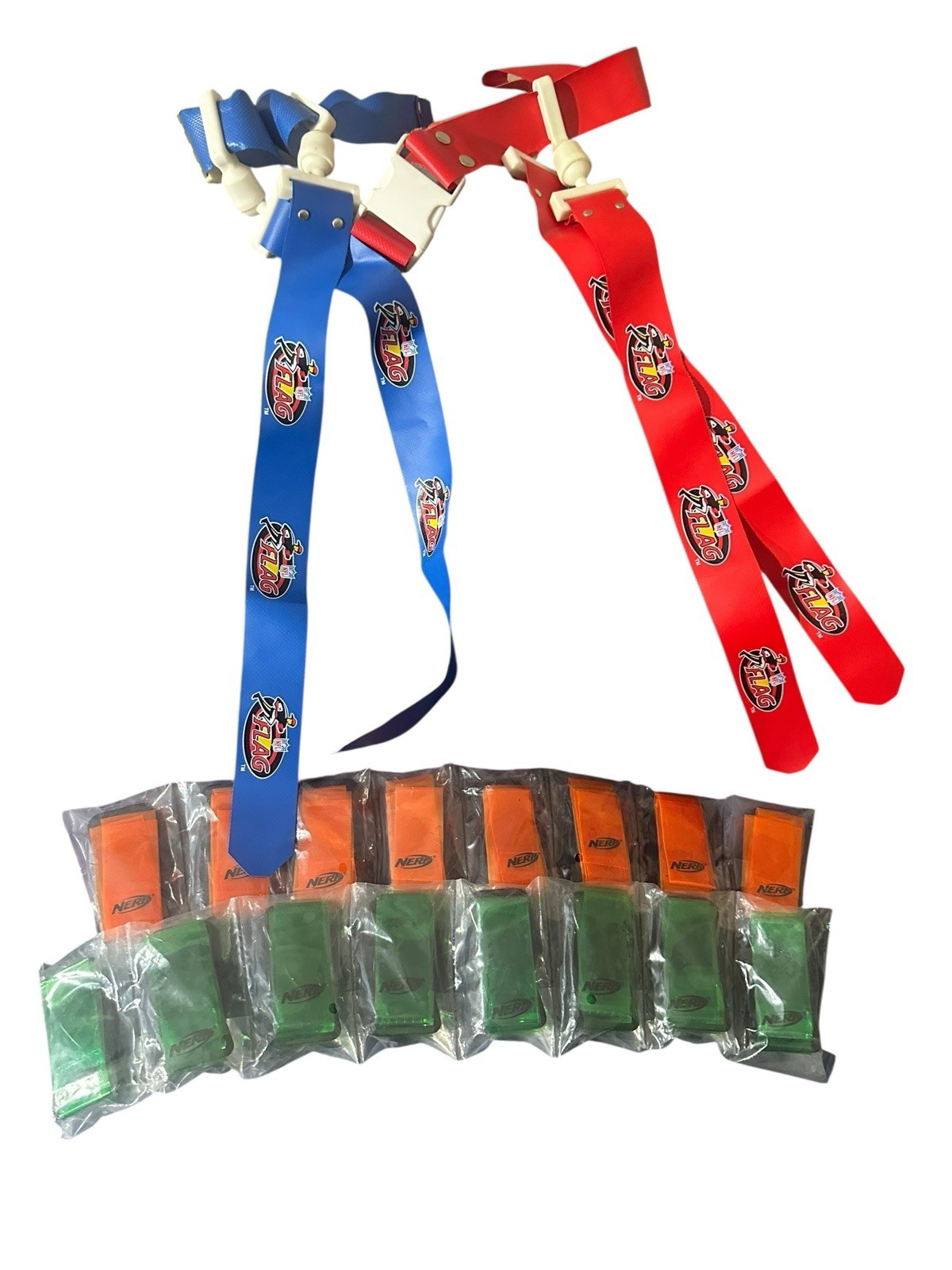NERF Brand 8 Orange & 8 Green Flag Football Flags W/ Clips & 2 NFL Flag FB Belts