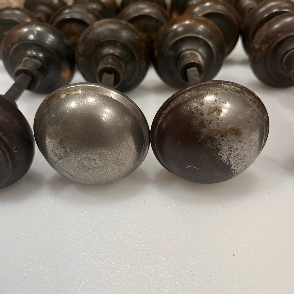 Antique Vintage Door Knob Set Lot Of 9 Complete Sets Metal Copper Finish Patina - Image 3 of 4