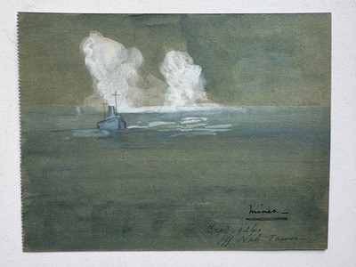1920s Gouache Painting on Paper Naval Mines Nab Tower English Channel 5x6.5