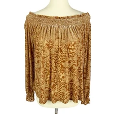 Free People A Little Twist Off The Shoulder Tan Floral Velvet Top Women’s Large