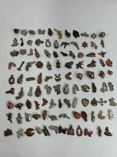 Lot of 100 Vintage Pewter/Copper/Metal Clad Colored Cracker Jack Gumball Charms