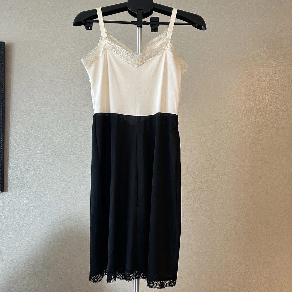 Винтажный Van Raalte черный слоновой кости кружева отделки чистый верхний скольжения платье размер 34 США как есть - Изображение 3 из 4