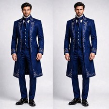 Men's Suits Royal Blue Embroidered Gothic Palace Wedding Groom Tails 3 Pieces