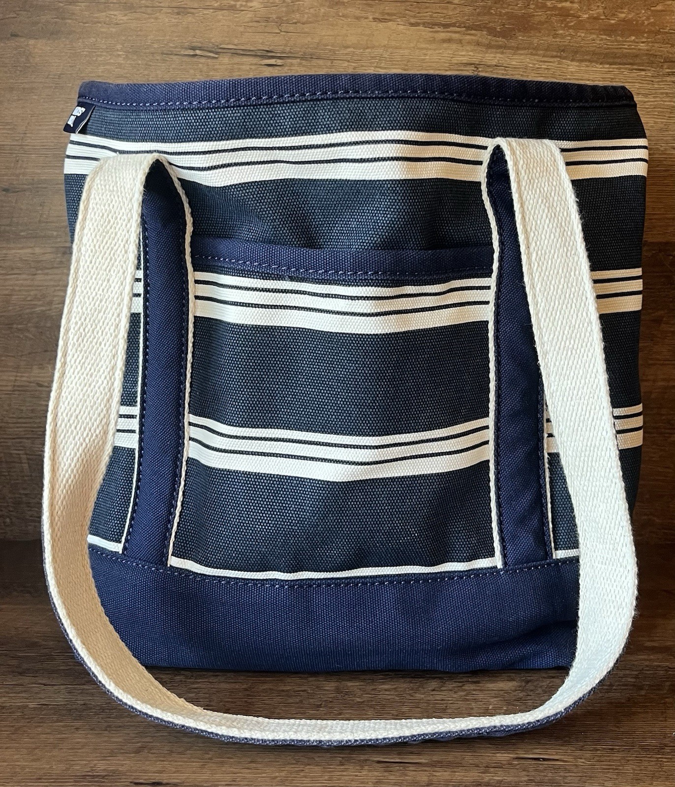 Lands End Canvas Boat Tote Bag Open Top 6 Pocket Cotton Striped Navy Ivory NICE!