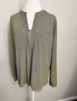 Michael Michael Kors Geometric Zip-Neck Long Sleeve Knit Blouse green XL