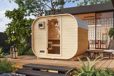 Saunahaus Fasssauna Saunafass Bus Cube QUADRO 1 PLUS 242,5x175cm Karibu Sauna