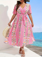 Plus Size 20 Dress-Pink Print & Flutter Sleeves & Surplice Neck Maxi Dress-NEW