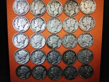1916-1945 MERCURY DIME SET-25 COINS ALL DIFFRENT-HALF ROLL