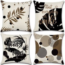 Set of 4 Pillow Covers 18x18, Large Leaves Good Vibes Pattern Style Linen Fabric