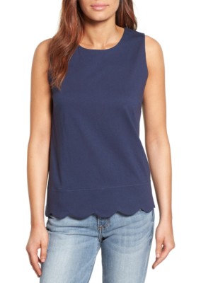 Womens Halogen Blue Scallop Detail Rear Button Tank Top Rayon Sz Small 5676