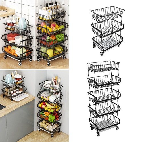 STORAGE STACKING WIRE BASKET STACKABLE SHELVES VEGETABLE FOOD KITCHEN RACK WHEEL - Picture 2 of 43