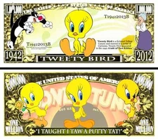 Tweety Bird Million Dollar Bill Play Funny Money Novelty Note + FREE SLEEVE