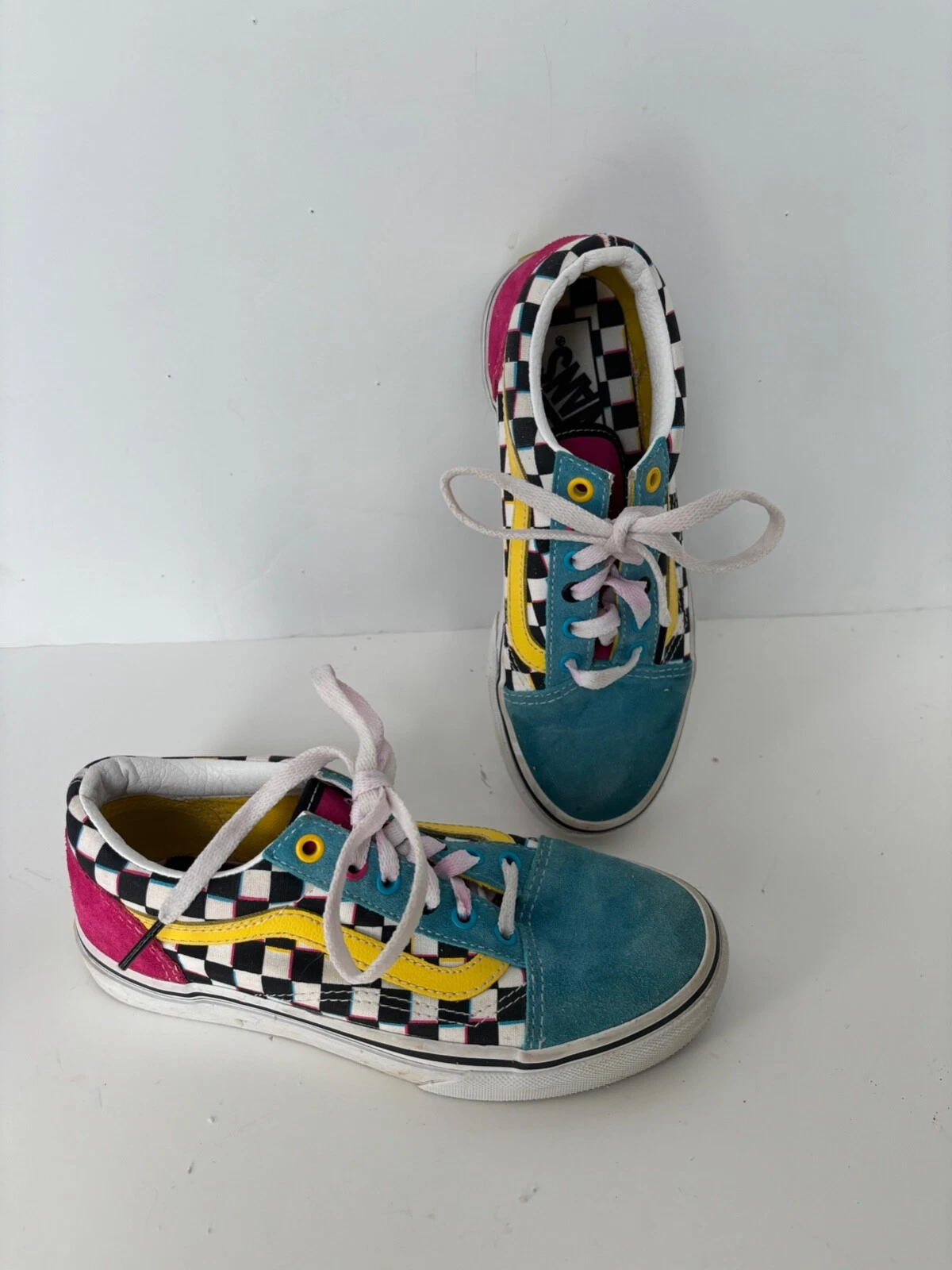 Sneakers VANS multicolore in pizzo per ragazzi ragazze taglia 3 5 a scacchiera rosa blu