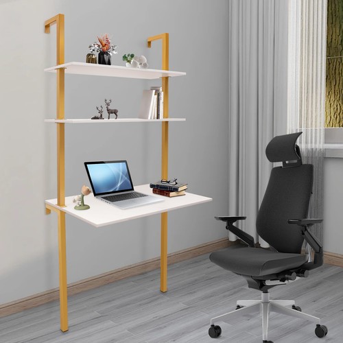 Wall Mount Writing Table 3-tier Computer Desk Storage Home Office w/ Power Strip