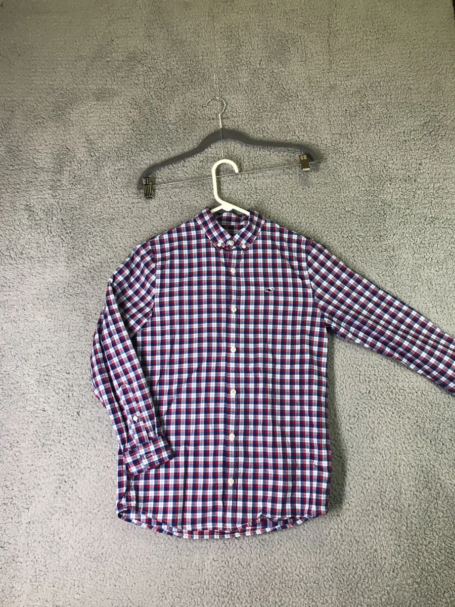 Vineyard Vines Shirt Boys Medium Blue Red Button Down Whale Youth Long Sleeve