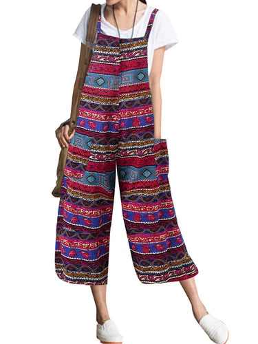 Damen Print Jumpsuit Weite Bein Latzhose Trägerhose Lose Freizeit Sommer*Overall - Bild 11 von 34