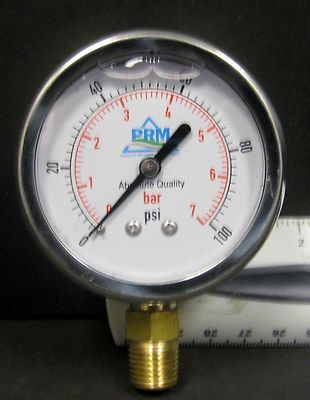 PRM Liquid-Filled Pressure Gauge 0-100 PSI - 2.5" Stainless Steel Case, 1/4" Brass NPT Back Mount