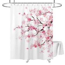 Pink Cherry Blossom Sakura Floral Fabric Shower Curtain 12 Hooks 72x72 Inch