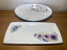 Vintage English Hand Painted Floral Serving Dish Set, Oval Bowl, Sandwich Plate