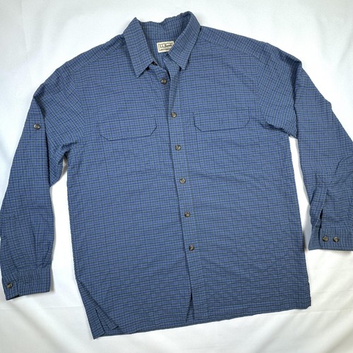 L.L.Bean Shirt Mens Large Blue Textured Plaid Long Sleeve Button Up Casual