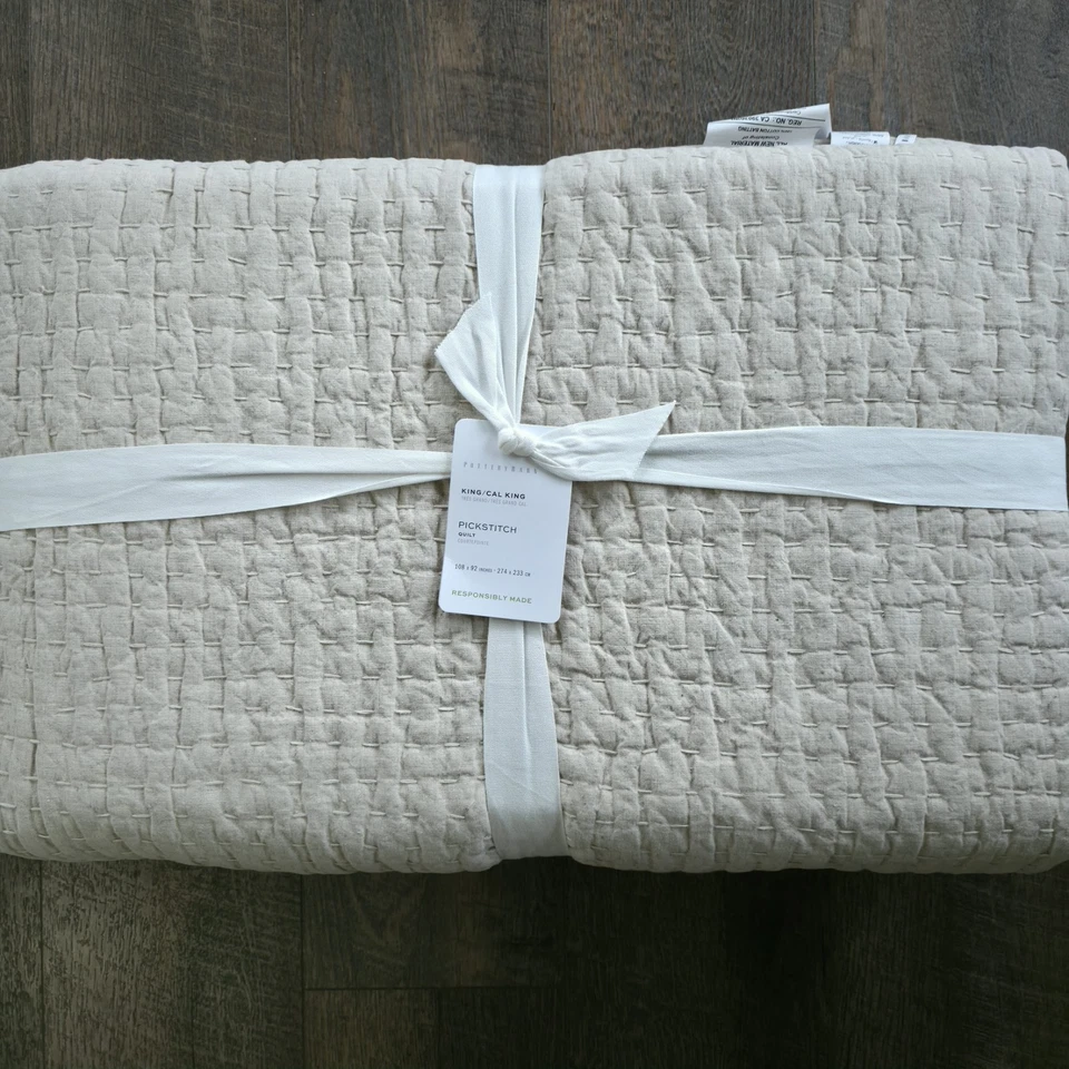 Edredón de algodón Pottery Barn Pickstitch KING LINO NUEVO Foto 4 de 4