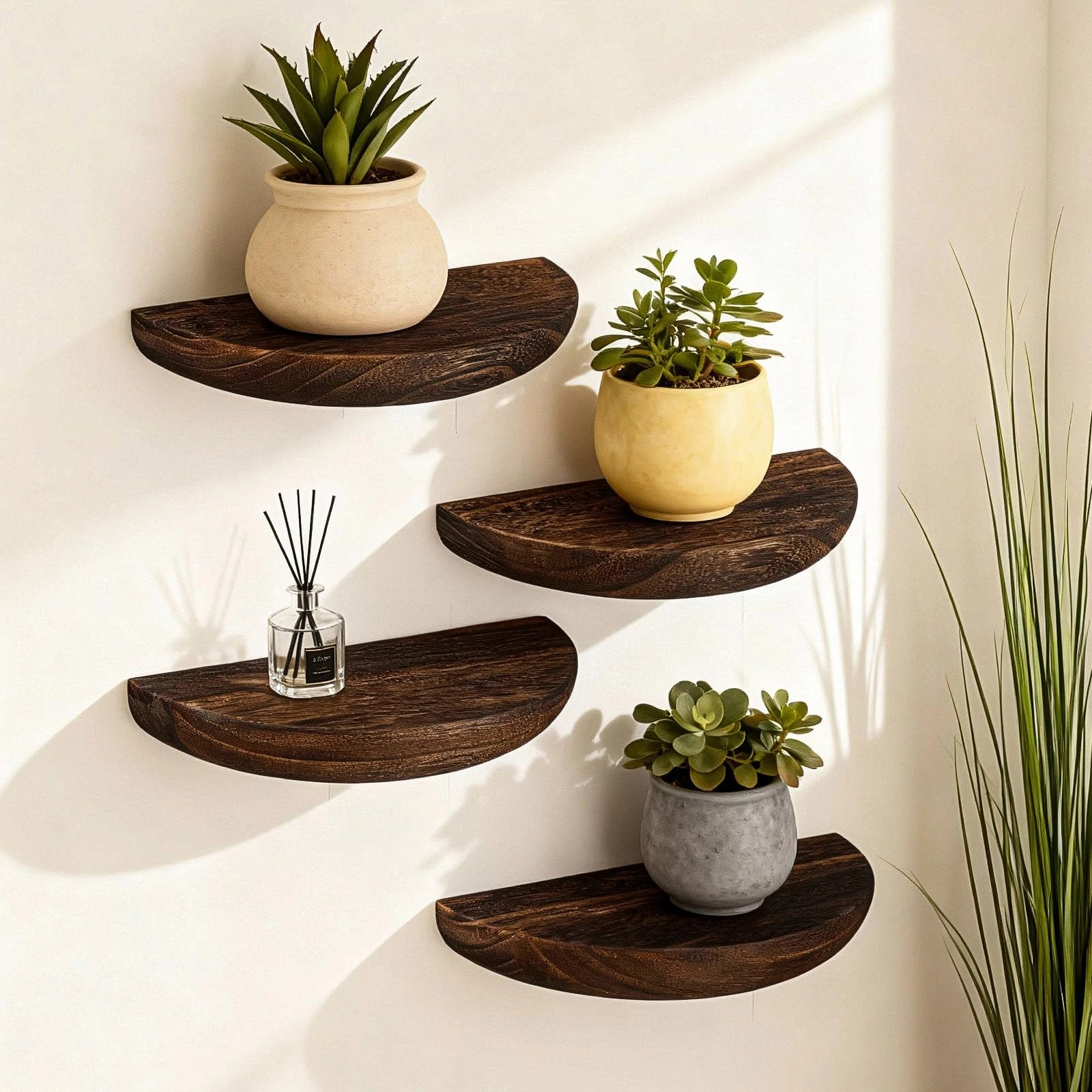 4 PCS Dark Brown Solid Wood Half Round Floating Shelves 8.27 Inch Wall Mount