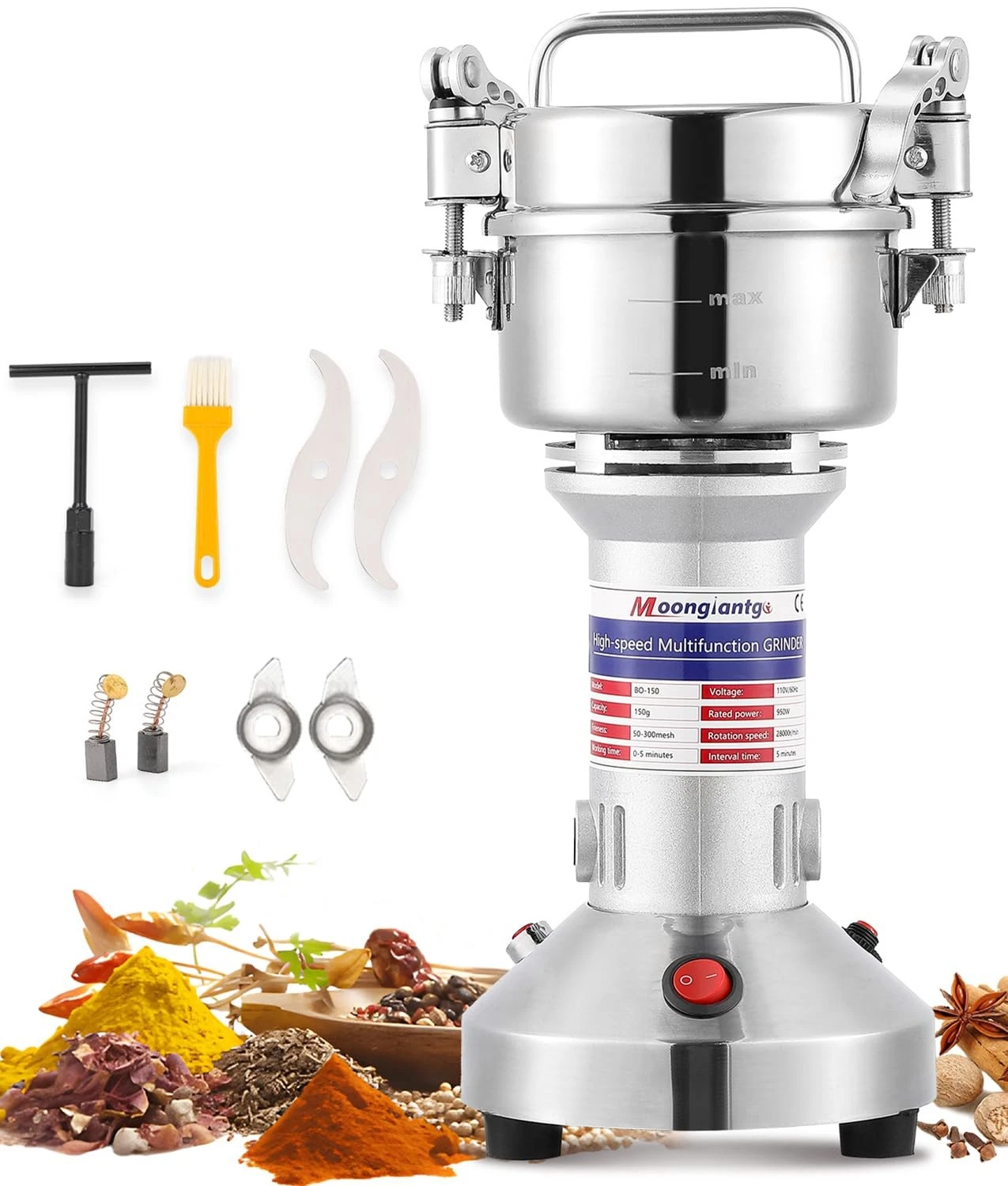 Moongiantgo Electric Grain Grinder 150g/0.33lb Spice Mill Silver