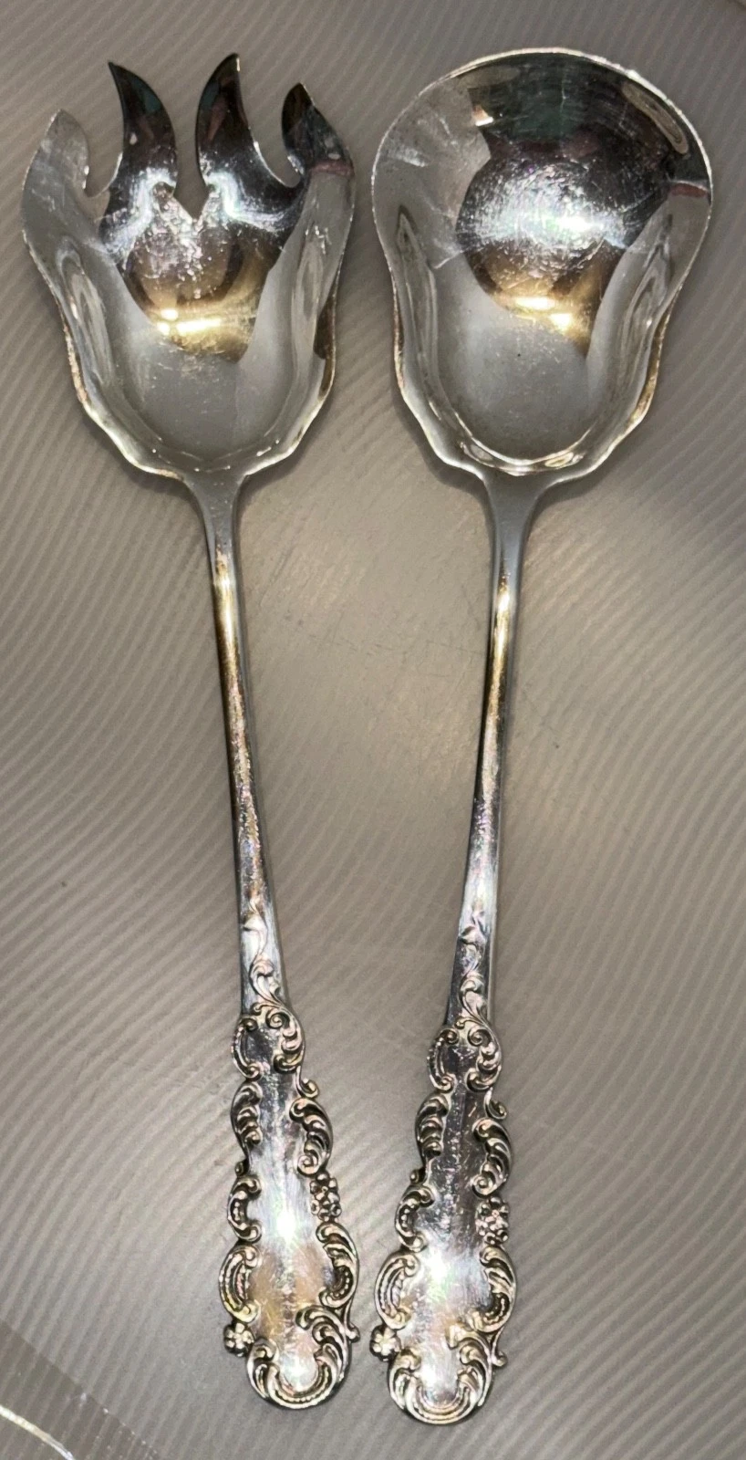 Vintage Silver on Copper Salad Serving Fork Spoon Set Large 12.5"L Silverplated